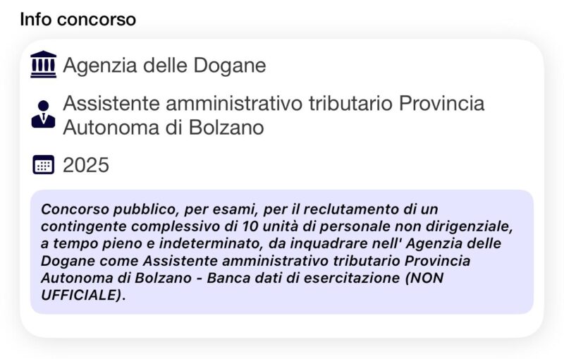 Banca dati di esercitazione - Concorso ADM Bolzano Assistenti Amministrativi Tributari 2025